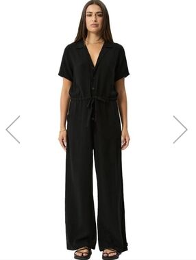 Mango Black Short-Sleeve Button Front Jumpsuit with Drawstring